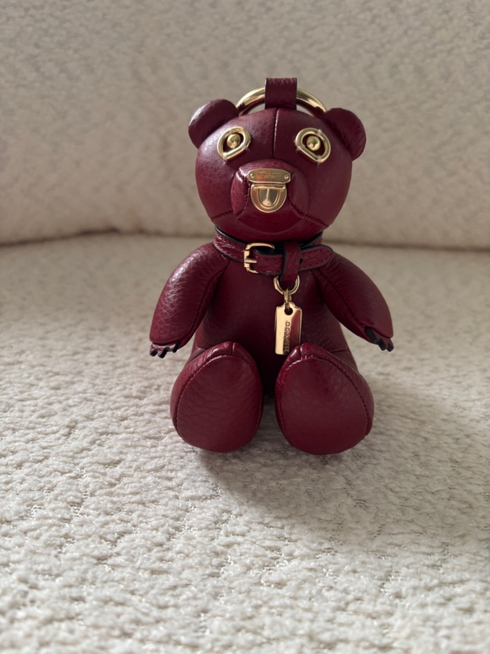Coach Burgundy Leather Bear Key Charm with Gold-Tone Hardware